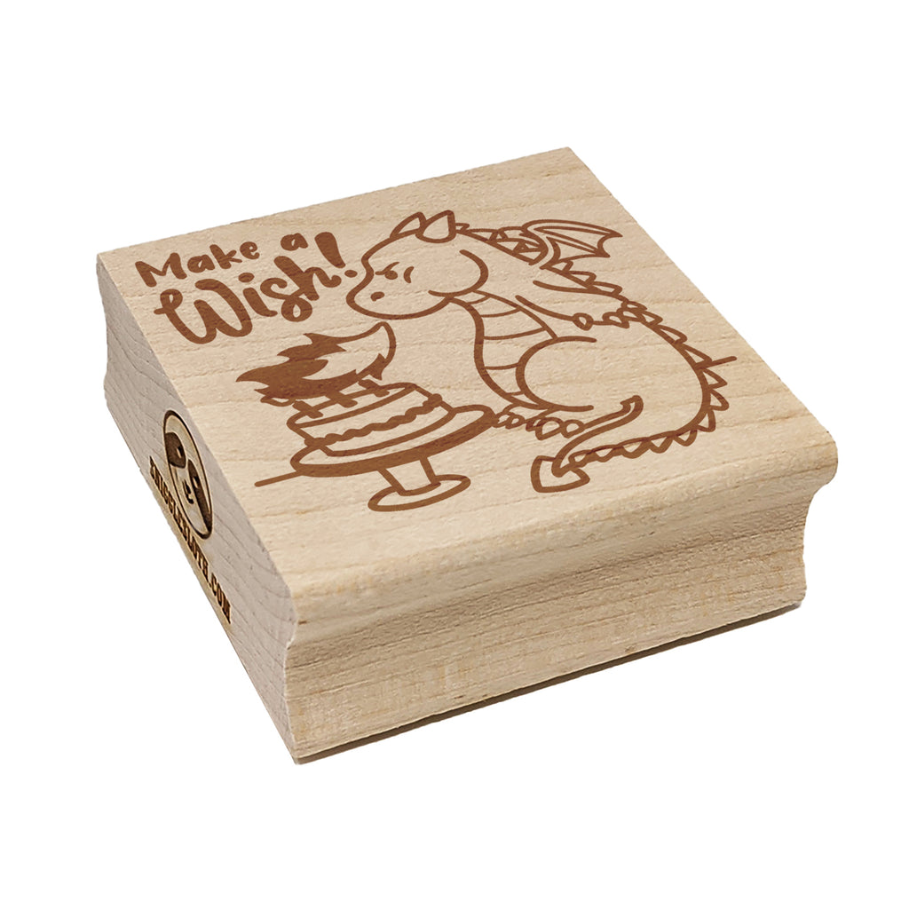Make a Wish Dragon Trying to Blow Out Birthday Candles Square Rubber Stamp for Stamping Crafting