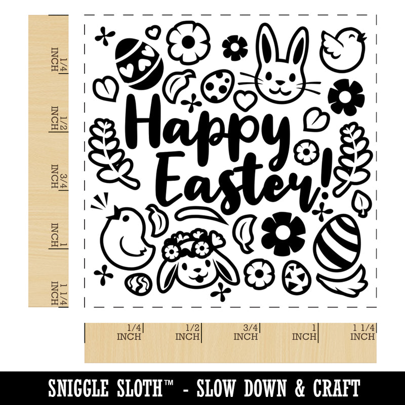 Happy Easter with Bunny Chicks Flowers and Eggs Square Rubber Stamp for Stamping Crafting