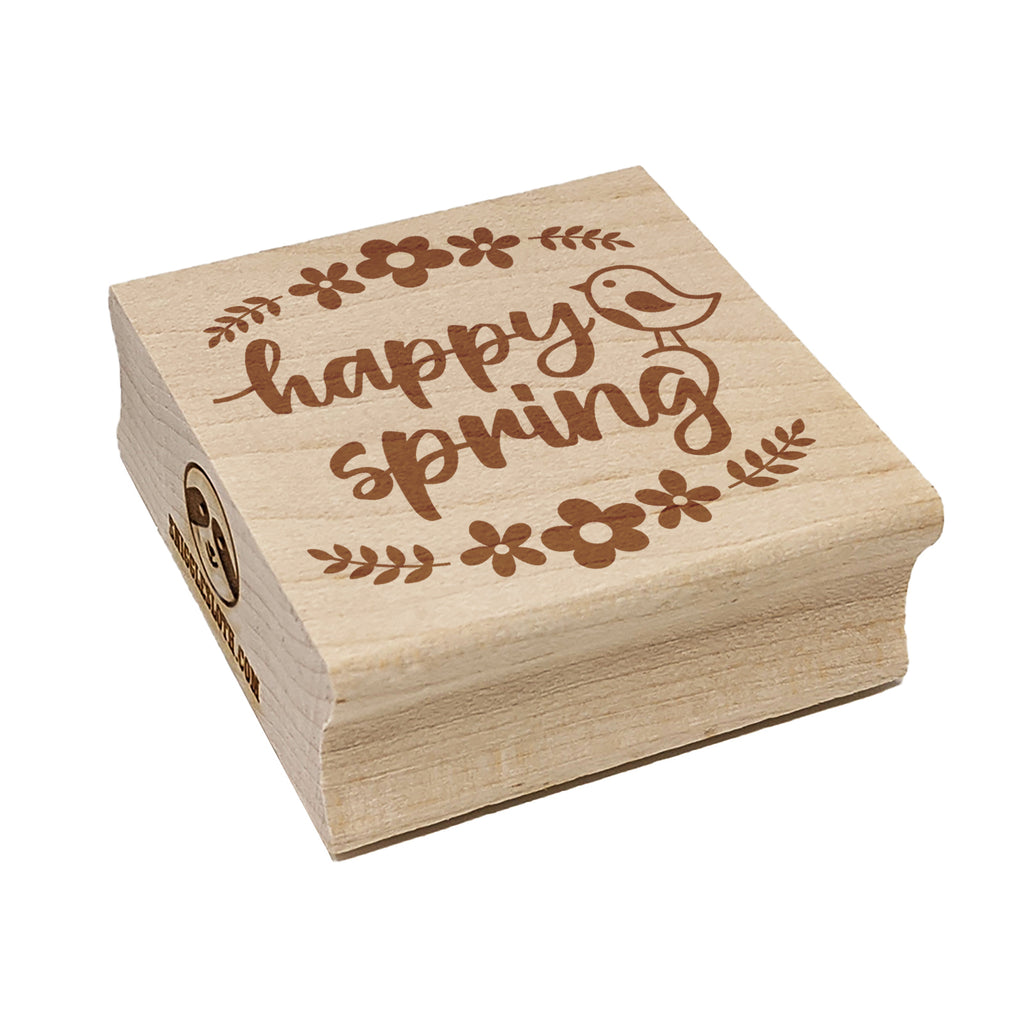 Happy Spring Bird and Flowers Square Rubber Stamp for Stamping Crafting