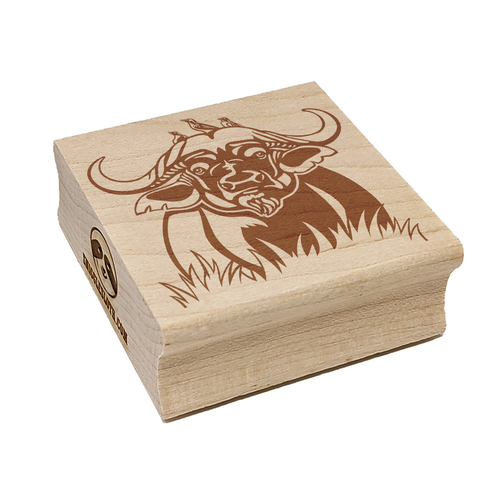 African Cape Buffalo with Oxpecker Birds Square Rubber Stamp for Stamping Crafting