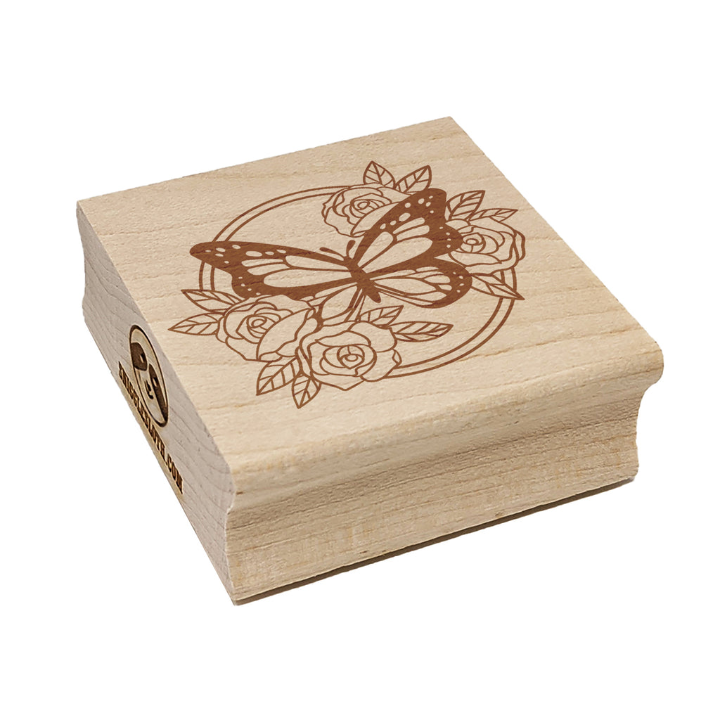 Monarch Butterfly with Roses in Circle Frame Square Rubber Stamp for Stamping Crafting