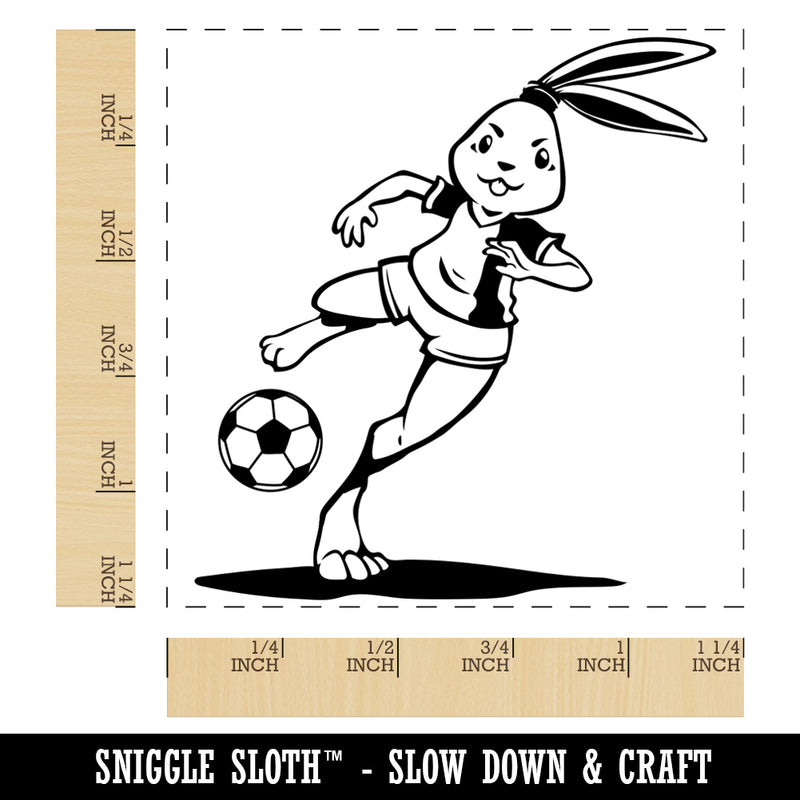 Athletic Bunny Rabbit Kicking Soccer Ball Football Square Rubber Stamp for Stamping Crafting