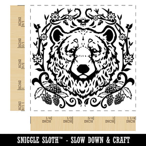 Floral Black Bear Head with Flowers and Blackberries Square Rubber Stamp for Stamping Crafting