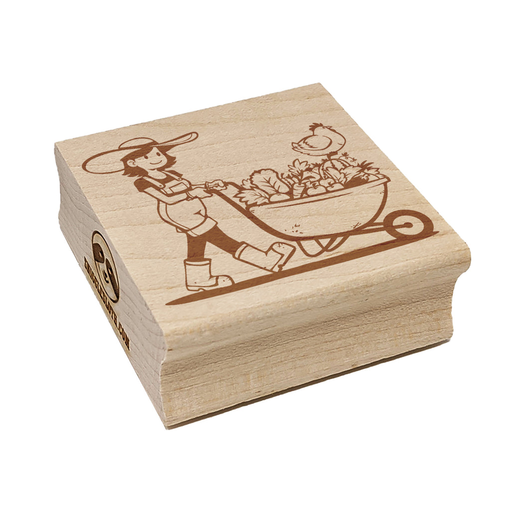 Gardener Farmer Girl with Wheelbarrow of Fruits Vegetables Chicken Square Rubber Stamp for Stamping Crafting