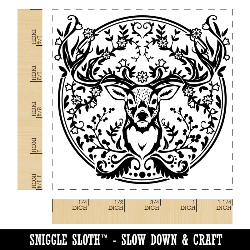 Regal Floral Wreath Deer Buck Head with Flower Antlers Square Rubber Stamp for Stamping Crafting