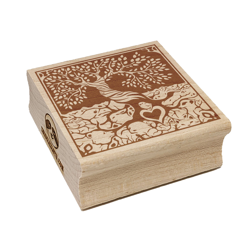 Tree of Life with Hidden Animals in Roots Square Rubber Stamp for Stamping Crafting