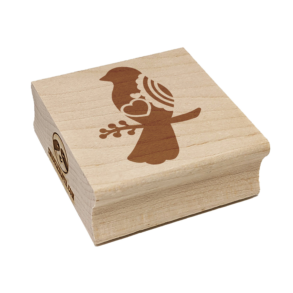 Bird Sitting on a Branch Heart and Scallop Details Square Rubber Stamp for Stamping Crafting