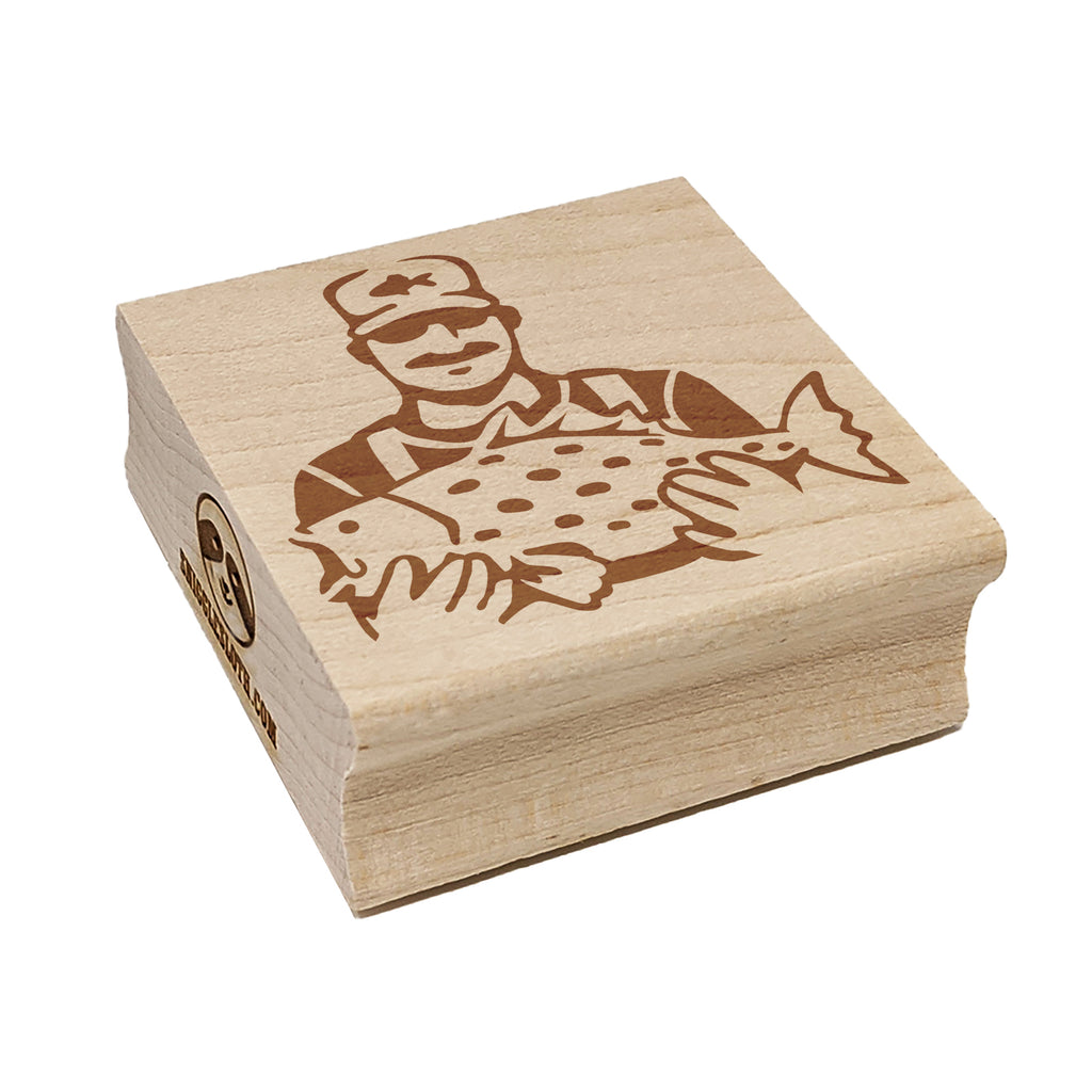 Fisherman Holding Fish Catch Square Rubber Stamp for Stamping Crafting