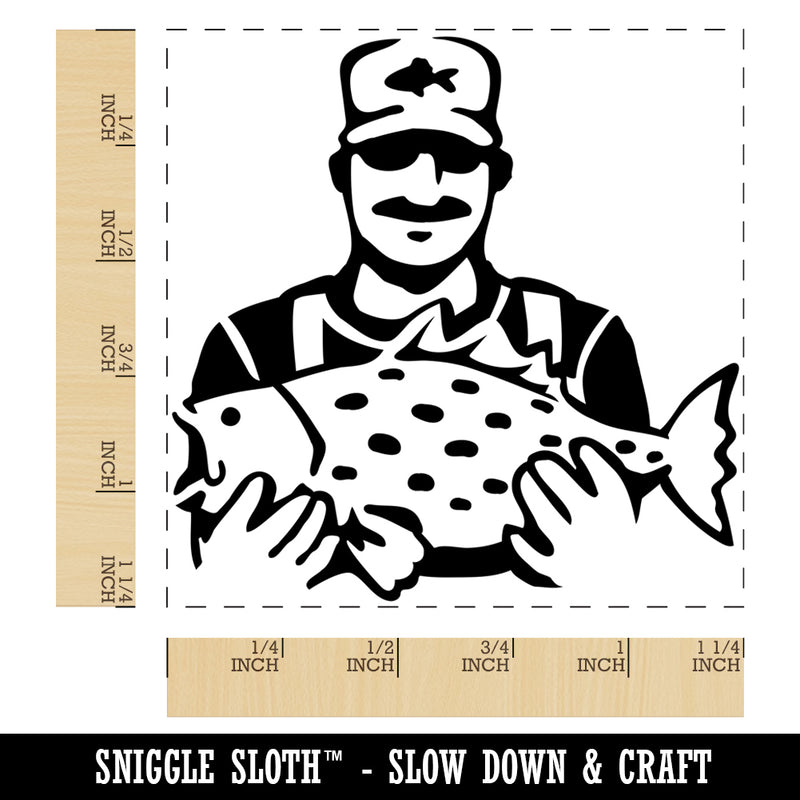 Fisherman Holding Fish Catch Square Rubber Stamp for Stamping Crafting