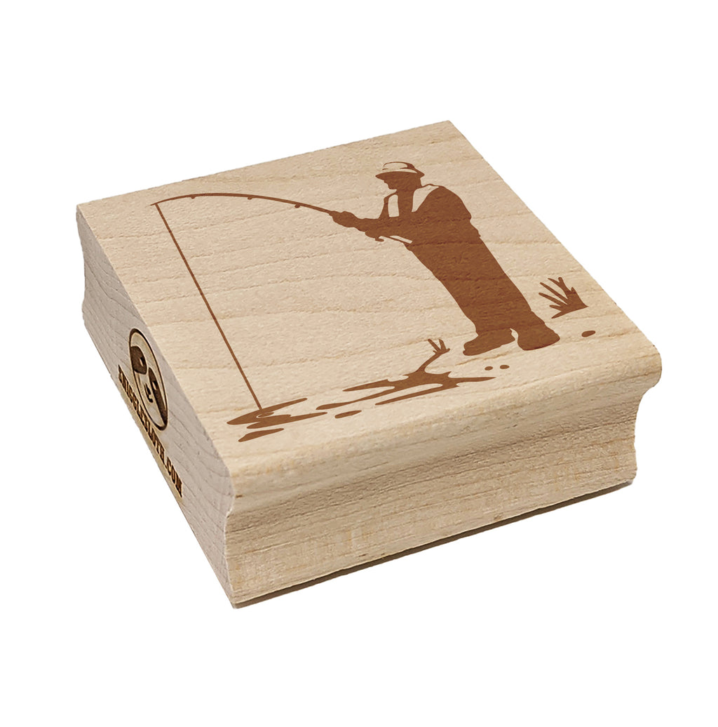 Fisherman with Rod Over Water Square Rubber Stamp for Stamping Crafting