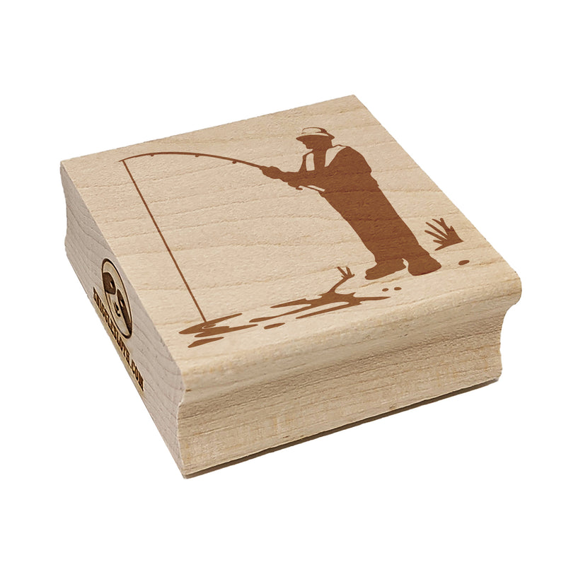 Fisherman with Rod Over Water Square Rubber Stamp for Stamping Crafting