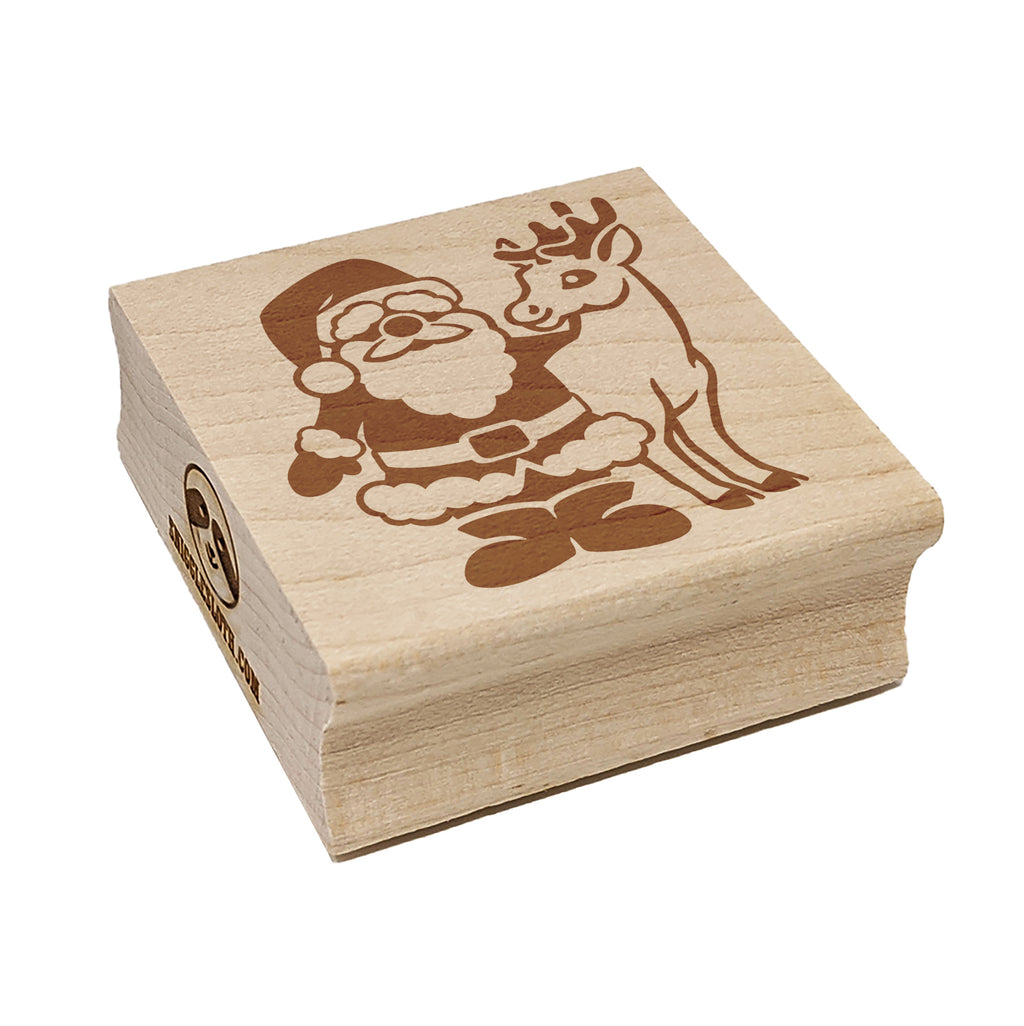 Santa Claus Standing with Reindeer Christmas Square Rubber Stamp for Stamping Crafting