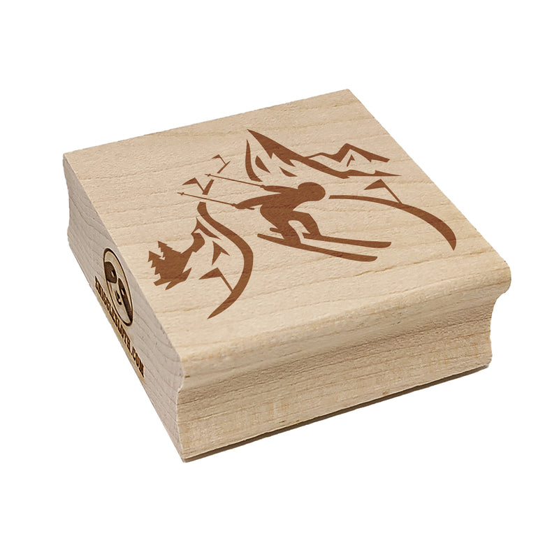 Skier Skiing Down Mountain Slopes Square Rubber Stamp for Stamping Crafting