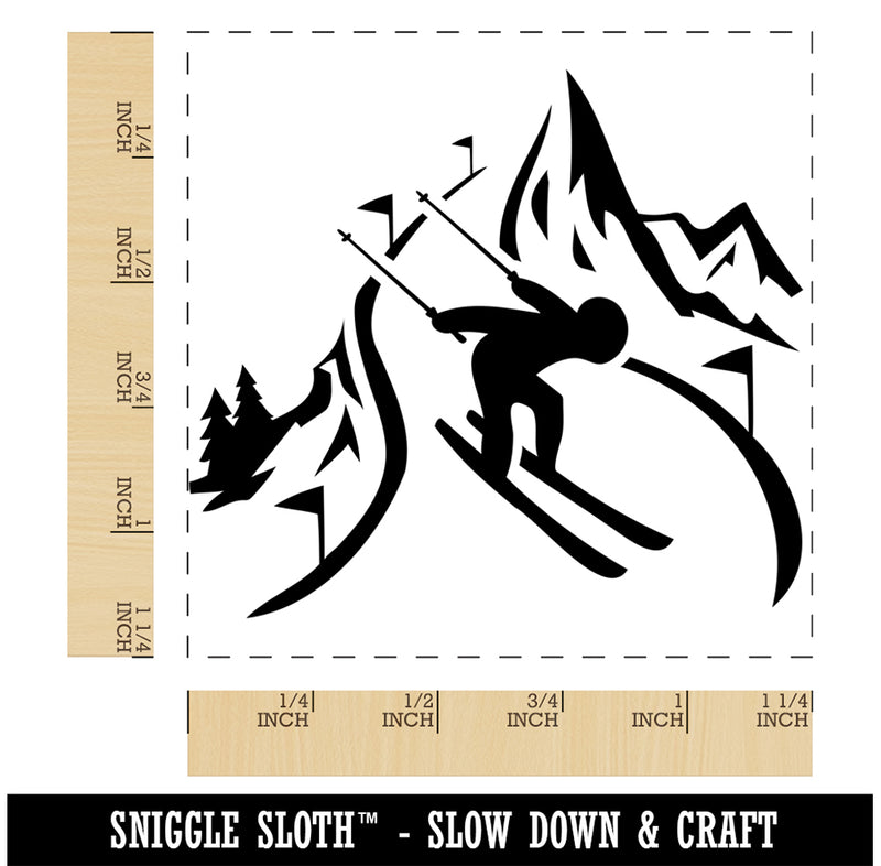Skier Skiing Down Mountain Slopes Square Rubber Stamp for Stamping Crafting
