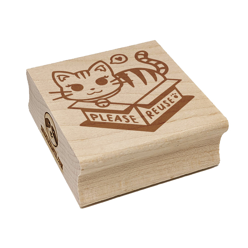 Please Reuse Recycle Cat Sitting in Box Square Rubber Stamp for Stamping Crafting