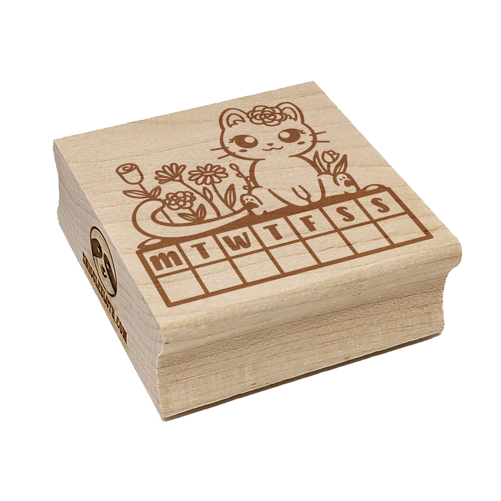 Weekly Habit Tracker Cat and Flowers Monday Start Square Rubber Stamp for Stamping Crafting