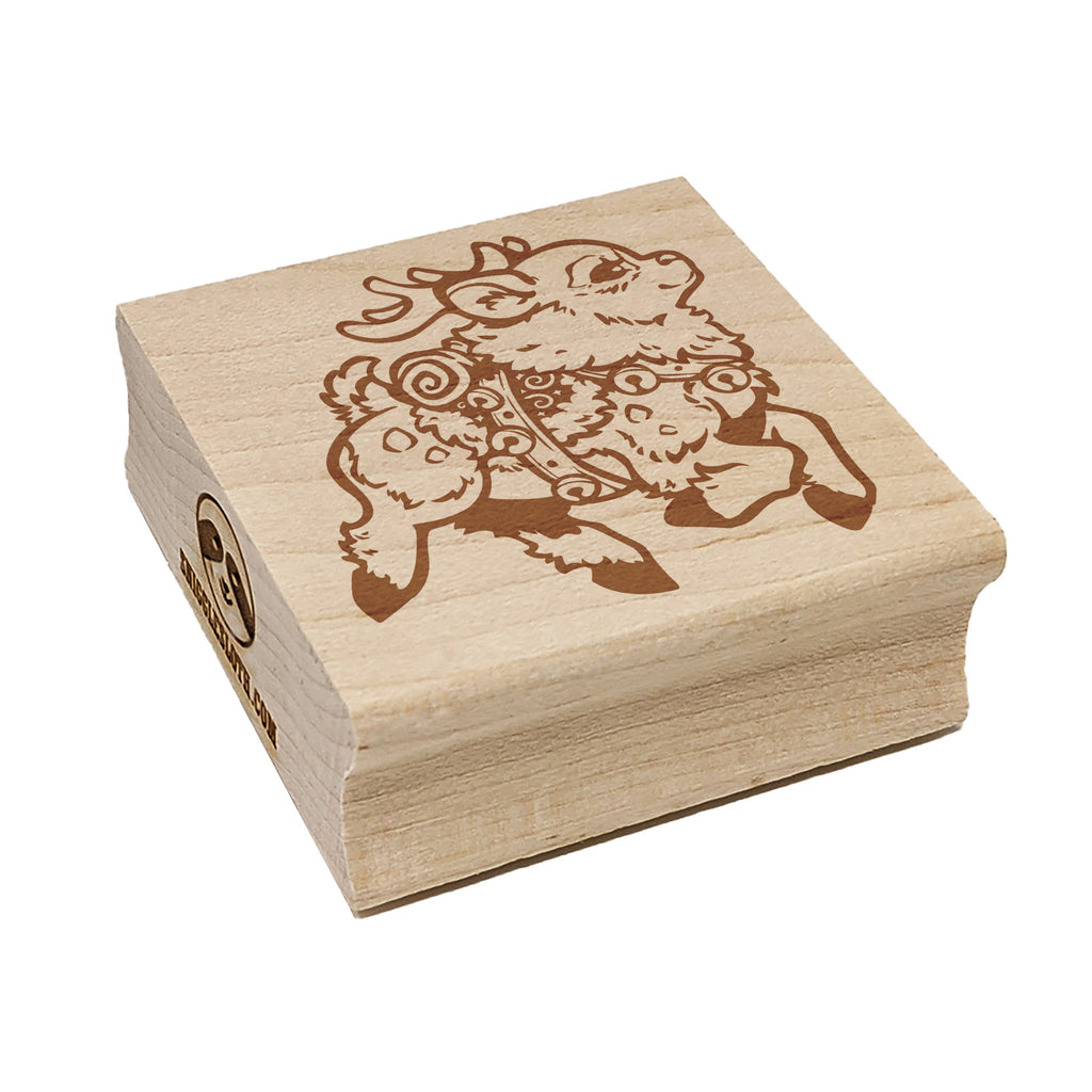 Festive Prancing Holiday Christmas Reindeer with Bells Square Rubber Stamp for Stamping Crafting