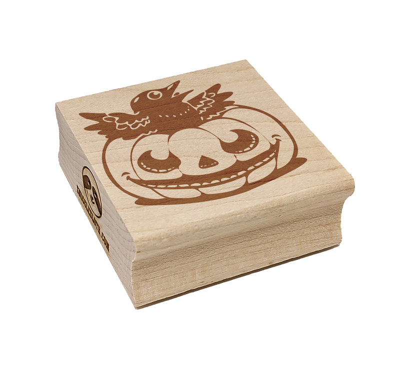 Little Raven Crow in Jack-O'-Lantern Pumpkin Halloween Square Rubber Stamp for Stamping Crafting
