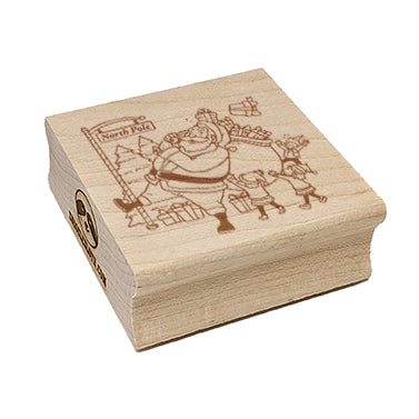 Santa Claus and Elves Loading Gifts into Bag Square Rubber Stamp for Stamping Crafting