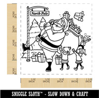 Santa Claus and Elves Loading Gifts into Bag Square Rubber Stamp for Stamping Crafting