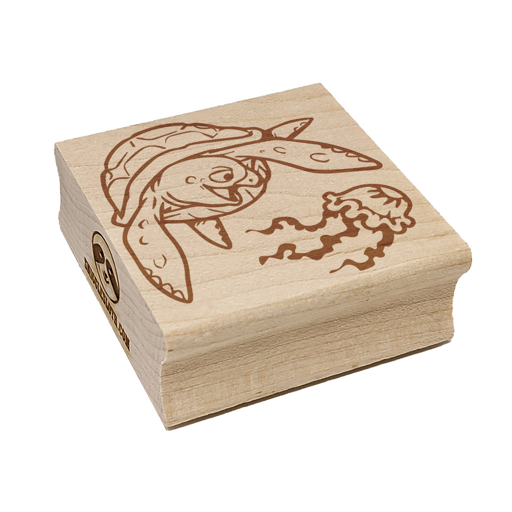 Gnarly Sea Turtle and Jellyfish Square Rubber Stamp for Stamping Crafting