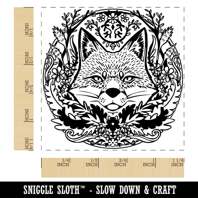 Sly Fox Hiding in Floral Wreath Square Rubber Stamp for Stamping Crafting