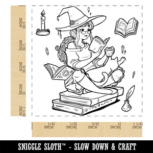 Studious Witch Reading Books with Cat Halloween Square Rubber Stamp for Stamping Crafting