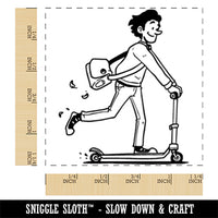 Young Man Student on Scooter Square Rubber Stamp for Stamping Crafting