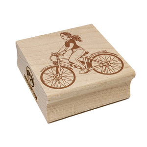 Young Woman Cyclist on Bicycle Bike Square Rubber Stamp for Stamping Crafting