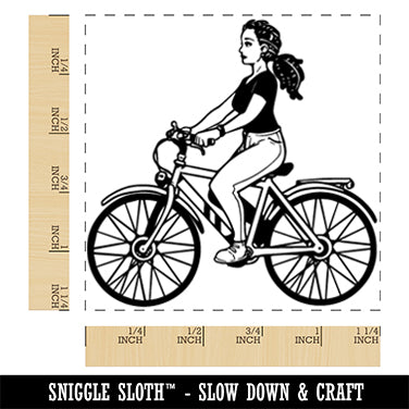 Young Woman Cyclist on Bicycle Bike Square Rubber Stamp for Stamping Crafting