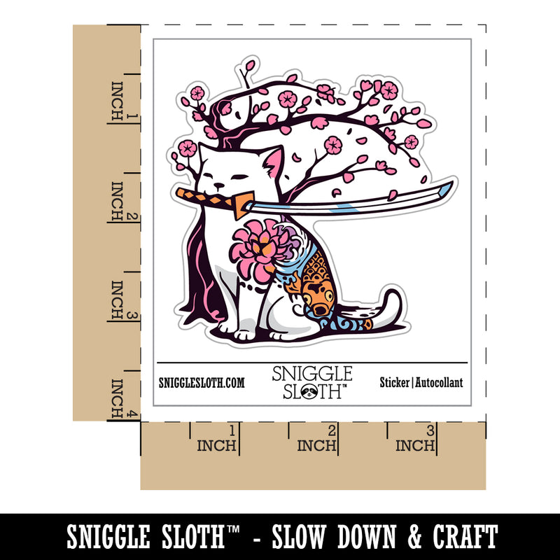 Samurai Cat Under Sakura Cherry Blossom Waterproof Vinyl Phone Tablet Laptop Water Bottle Sticker Set - 5 Pack
