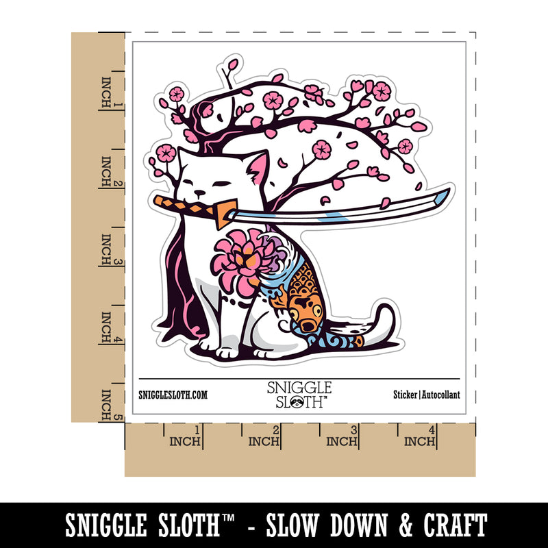 Samurai Cat Under Sakura Cherry Blossom Waterproof Vinyl Phone Tablet Laptop Water Bottle Sticker Set - 5 Pack