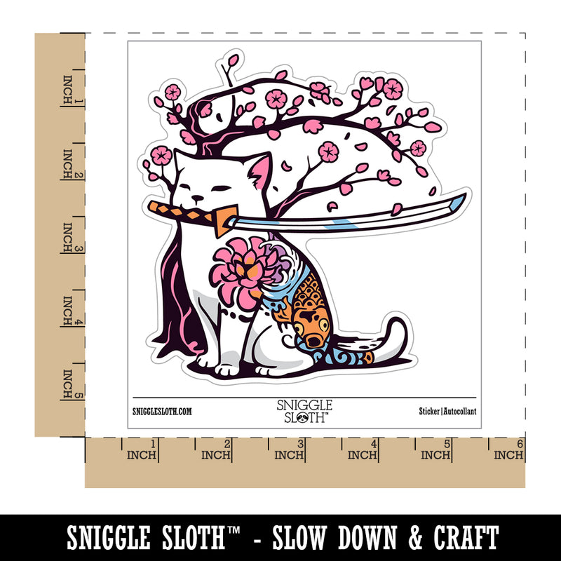 Samurai Cat Under Sakura Cherry Blossom Waterproof Vinyl Phone Tablet Laptop Water Bottle Sticker Set - 5 Pack