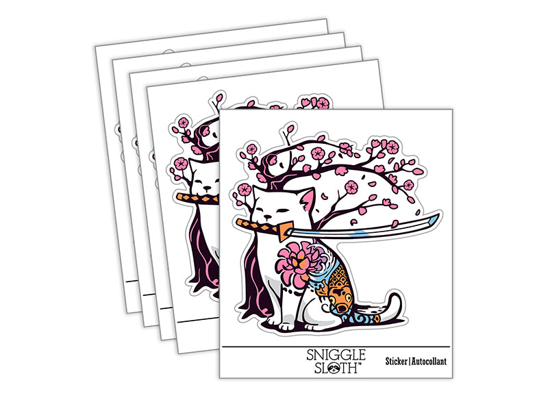Samurai Cat Under Sakura Cherry Blossom Waterproof Vinyl Phone Tablet Laptop Water Bottle Sticker Set - 5 Pack