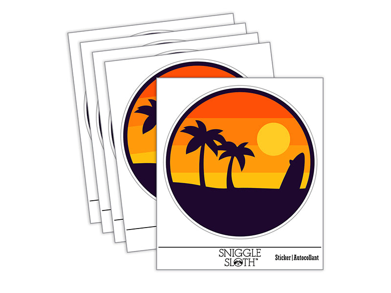 Retro Rainbow Beach Sunset Palm Trees Surfboard Waterproof Vinyl Phone Tablet Laptop Water Bottle Sticker Set - 5 Pack