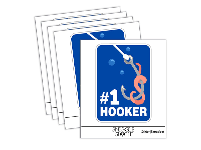 Number 1 Hooker Fishing Hook Bait Worm Waterproof Vinyl Phone Tablet Laptop Water Bottle Sticker Set - 5 Pack