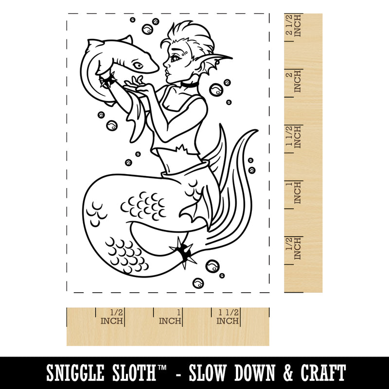 Punk Mermaid with Dogfish Rectangle Rubber Stamp for Stamping Crafting