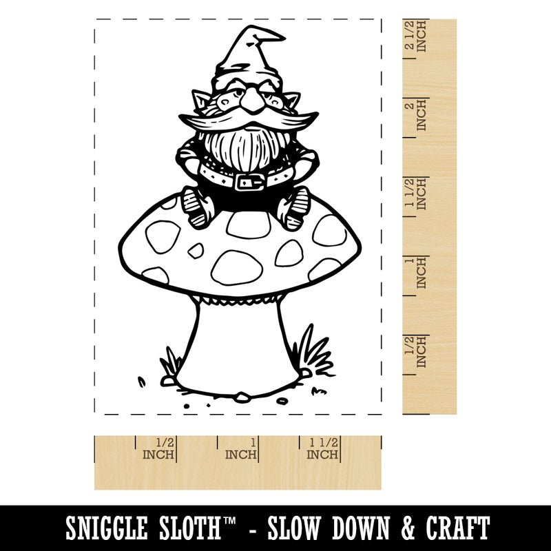 Garden Gnome Sitting on Toadstool Mushroom Rectangle Rubber Stamp for Stamping Crafting