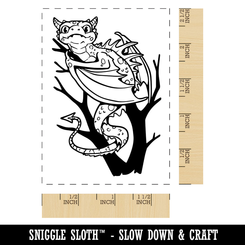 Inquisitive Young Dragon Resting on Branch Rectangle Rubber Stamp for Stamping Crafting
