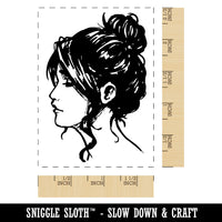 Young Woman Girl with Messy Bun Hairstyle Rectangle Rubber Stamp for Stamping Crafting
