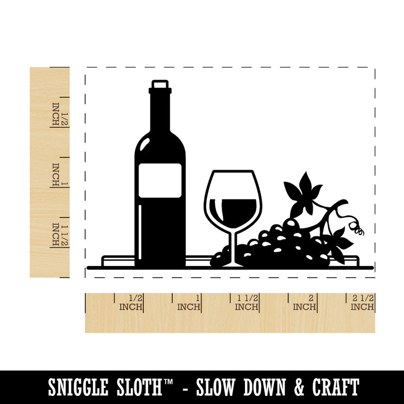 Wine Bottle with Glass and Grapes Rectangle Rubber Stamp for Stamping Crafting