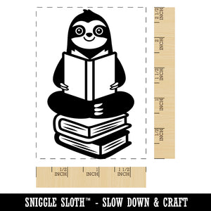 Sloth Reading on Book Stack Rectangle Rubber Stamp for Stamping Crafting
