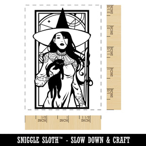 Elegant Witch with Black Cat Halloween Rectangle Rubber Stamp for Stamping Crafting