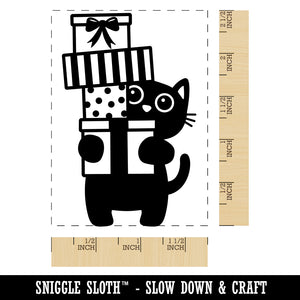 Cat Holding Stack of Presents Birthday Christmas Rectangle Rubber Stamp for Stamping Crafting