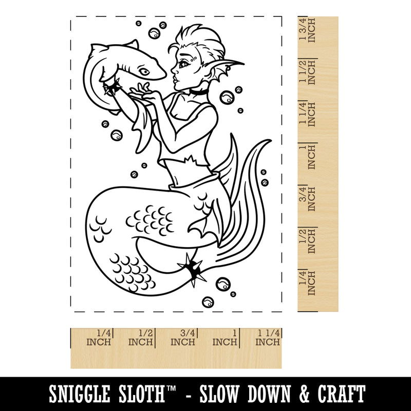 Punk Mermaid with Dogfish Rectangle Rubber Stamp for Stamping Crafting