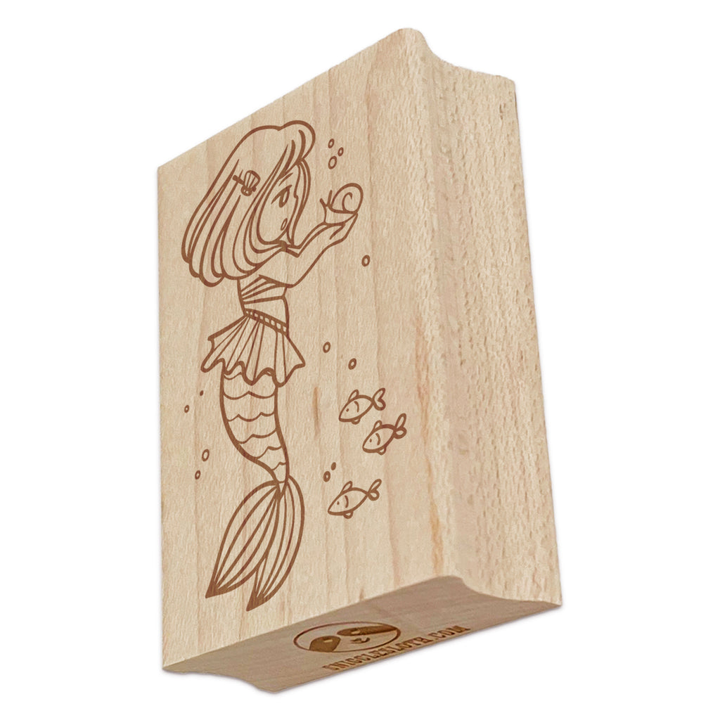 Curious Mermaid Holding Snail Friend Rectangle Rubber Stamp for Stamping Crafting