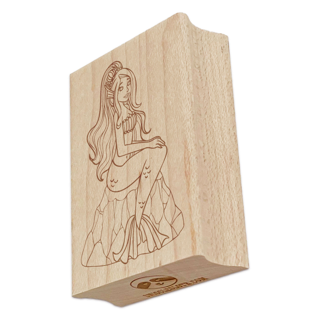 Mermaid Sitting on Rock Rectangle Rubber Stamp for Stamping Crafting