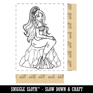 Mermaid Sitting on Rock Rectangle Rubber Stamp for Stamping Crafting
