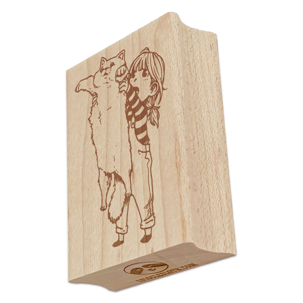 Adorable Child with Fluffy Long Cat Rectangle Rubber Stamp for Stamping Crafting
