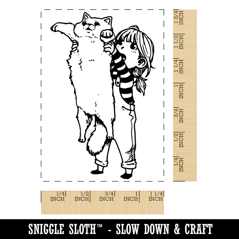 Adorable Child with Fluffy Long Cat Rectangle Rubber Stamp for Stamping Crafting